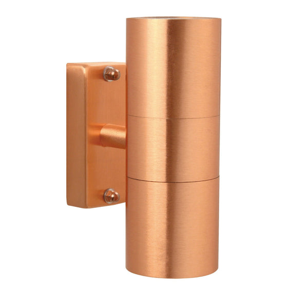 A close-up of a copper up-and-down wall light on a white background.