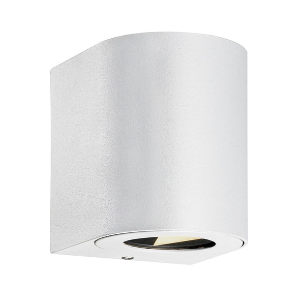 A white cylindrical outdoor wall light with an upward and downward facing light.