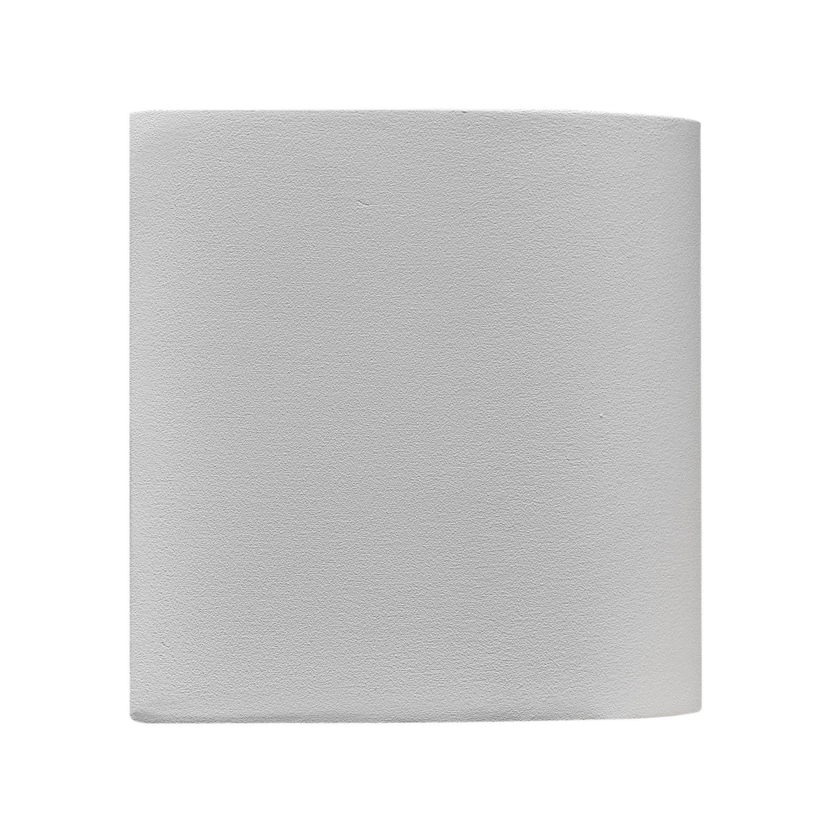 A white cylindrical outdoor wall light viewed from the front.