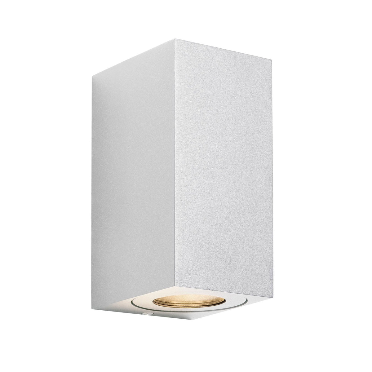 Close-up of a white rectangular outdoor wall light with a single downward-facing bulb.