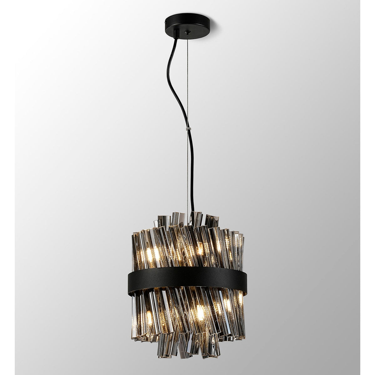 Kelly Six Light Pendant in Satin Black & Smoke Glass