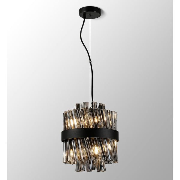 Kelly Six Light Pendant in Satin Black & Smoke Glass