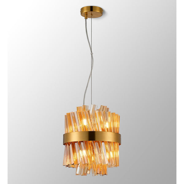 Kelly Six Light Pendant in Brass & Amber Glass