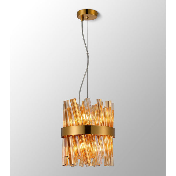 Kelly Six Light Pendant in Brass & Amber Glass