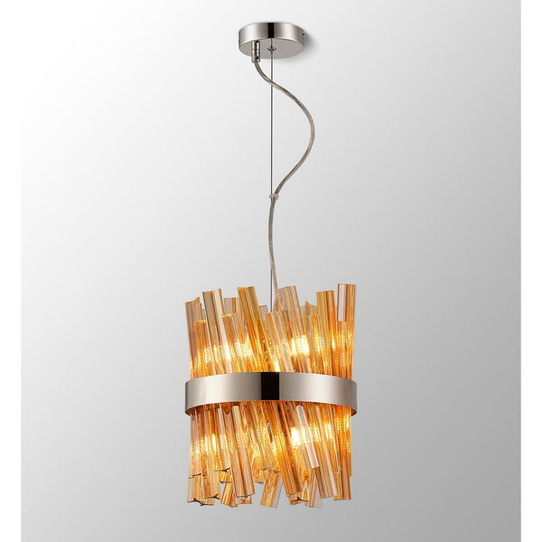 Kelly Six Light Pendant in Polished Nickel & Amber Glass