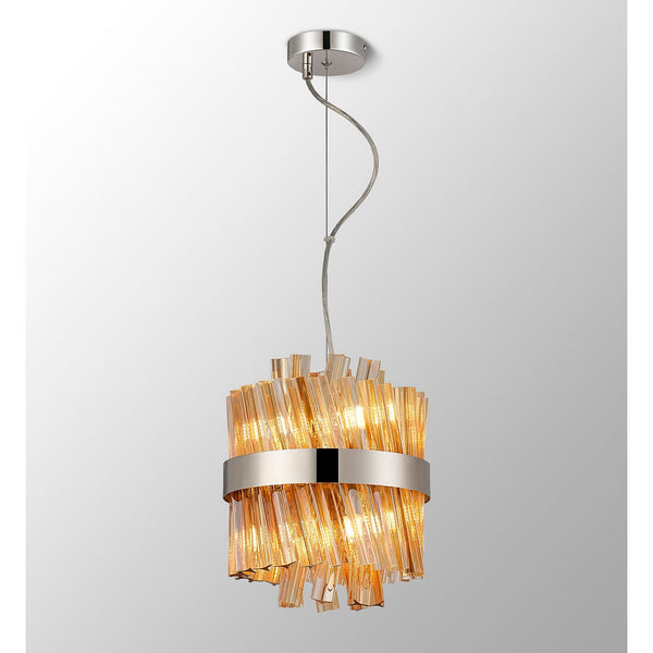 Kelly Six Light Pendant in Polished Nickel & Amber Glass