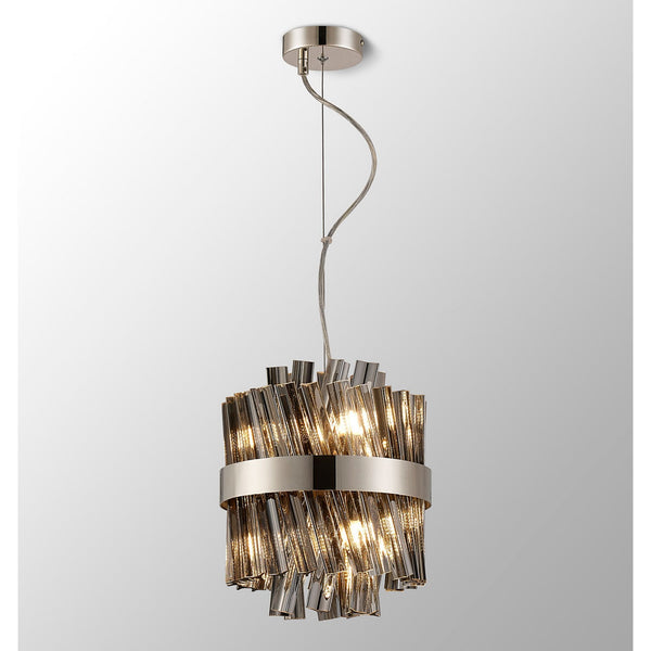 Kelly Six Light Pendant in Polished Nickel & Smoke Glass