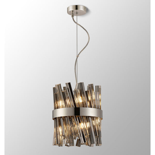 Kelly Six Light Pendant in Polished Nickel & Smoke Glass