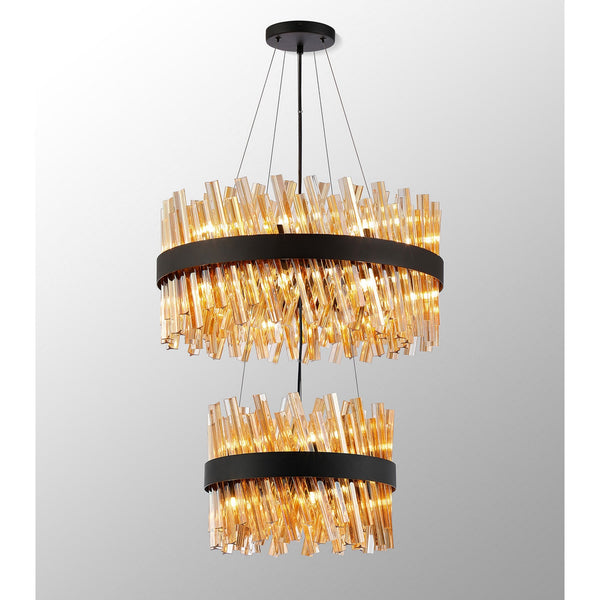 A modern two-tier chandelier with amber glass rods angled outwards around a black band.