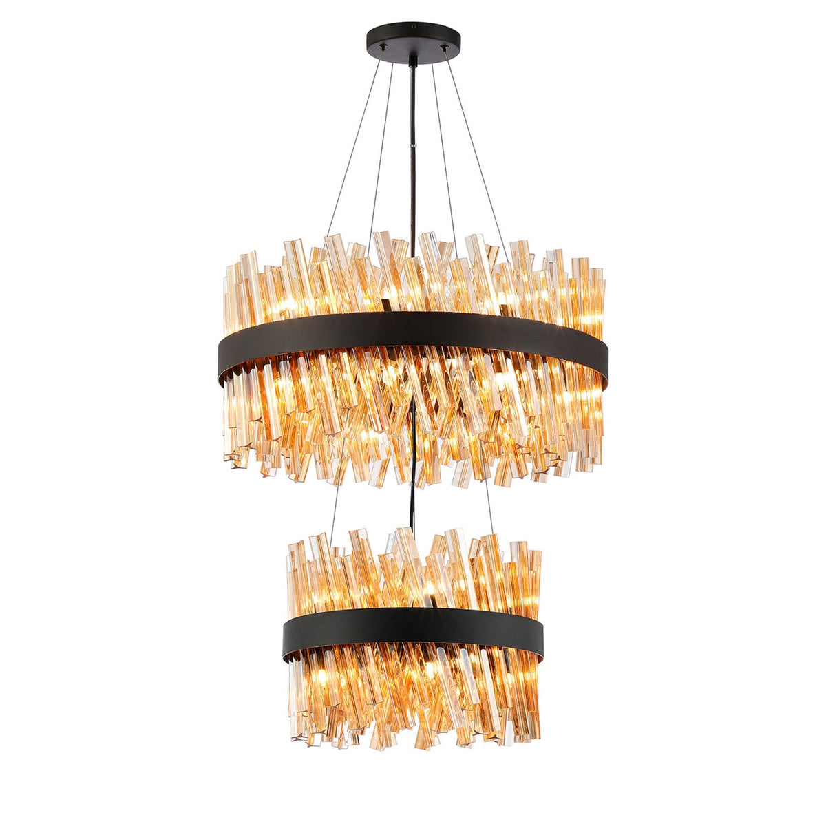 A modern two-tier chandelier with amber glass rods angled outwards around a black band.