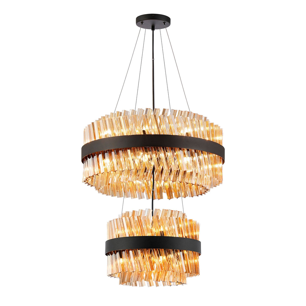 A modern two-tier chandelier with amber glass rods arranged horizontally around a black band.