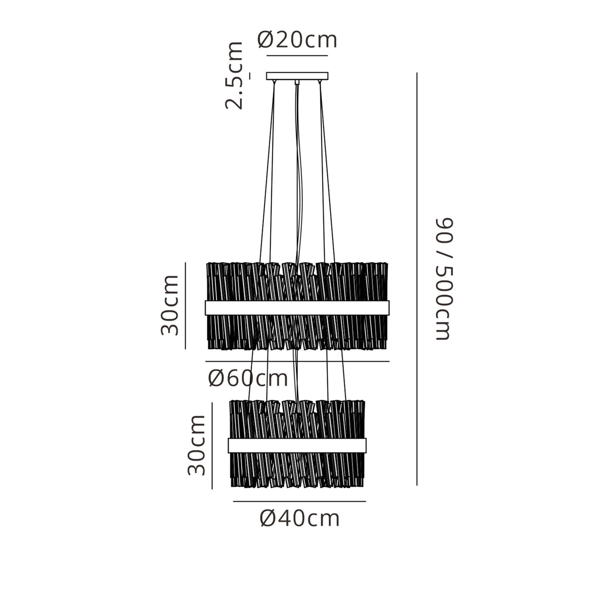 A detailed line drawing of a two-tier chandelier with dimensions in centimetres.