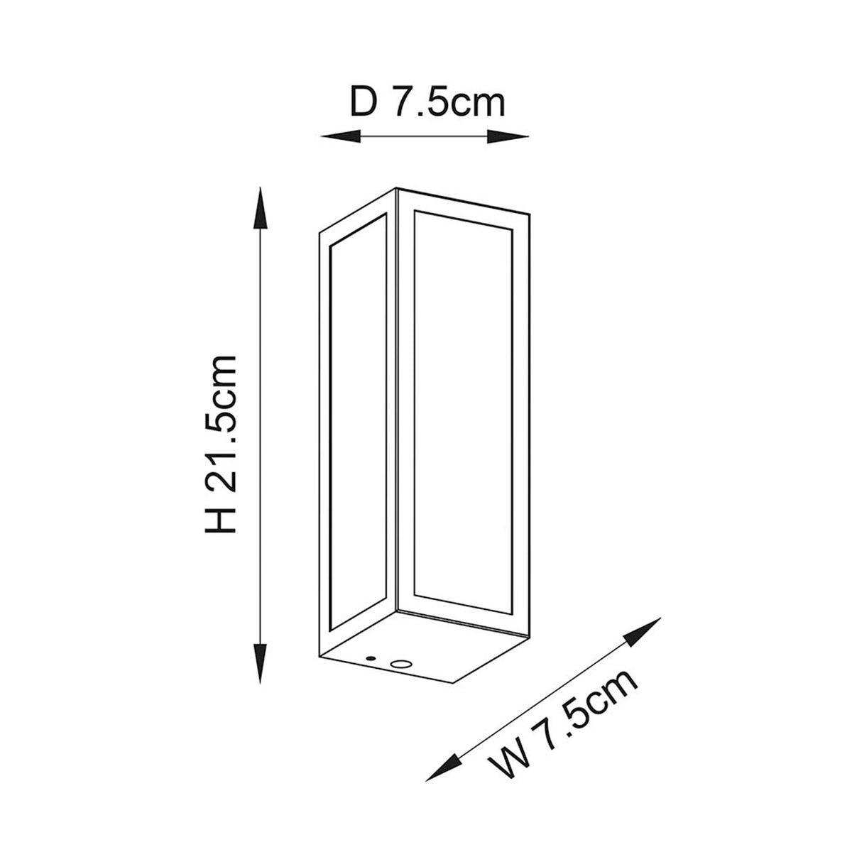 Line drawing of a rectangular wall light with dimensions: H 21.5cm, W 7.5cm, D 7.5cm.