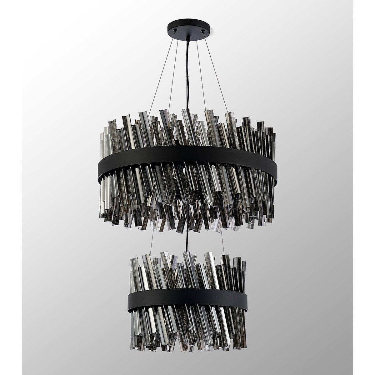 Kelly Two Tier Pendant 40cm & 60cm Tiers in Satin Black & Smoke Glass