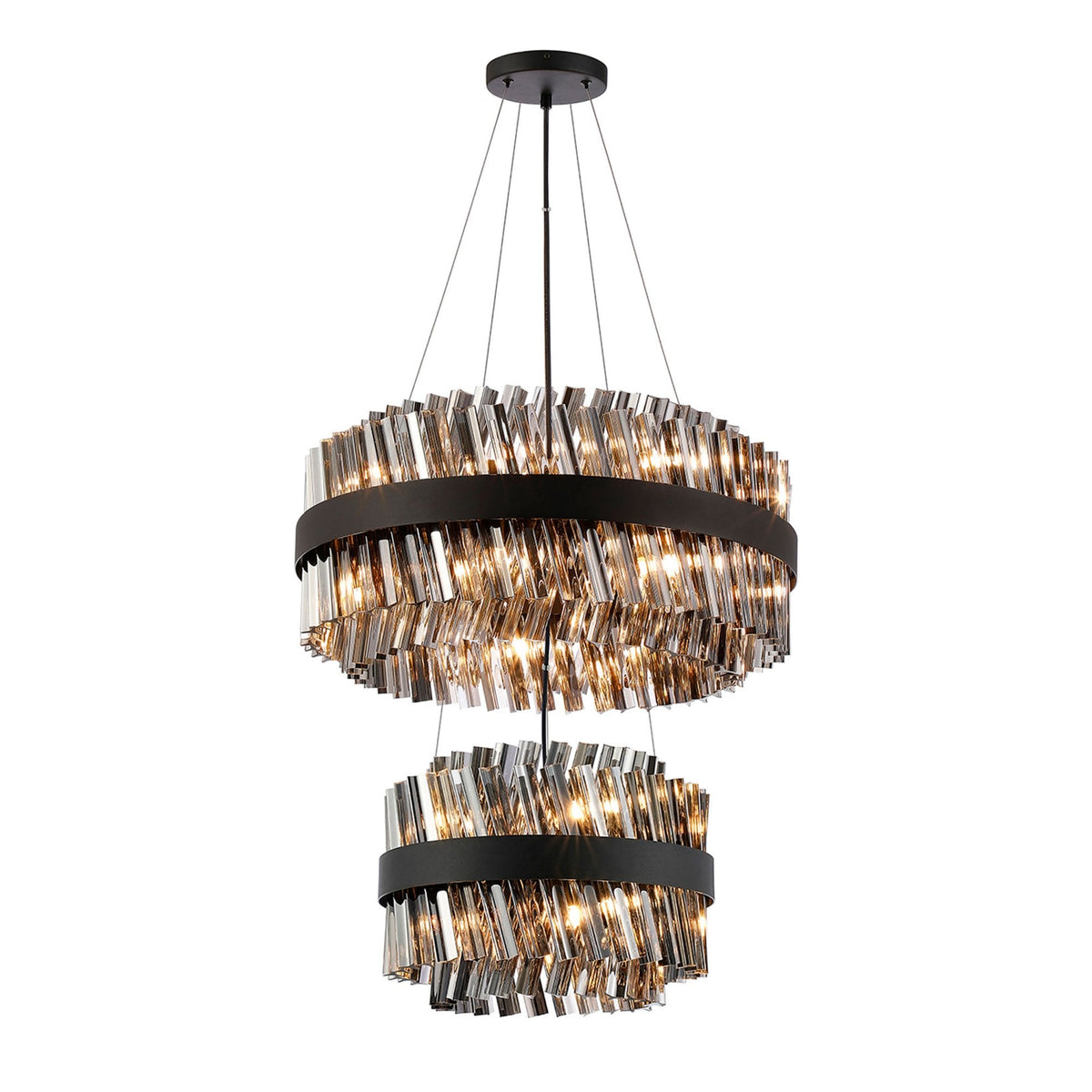 Kelly Two Tier Pendant 40cm & 60cm Tiers in Satin Black & Smoke Glass