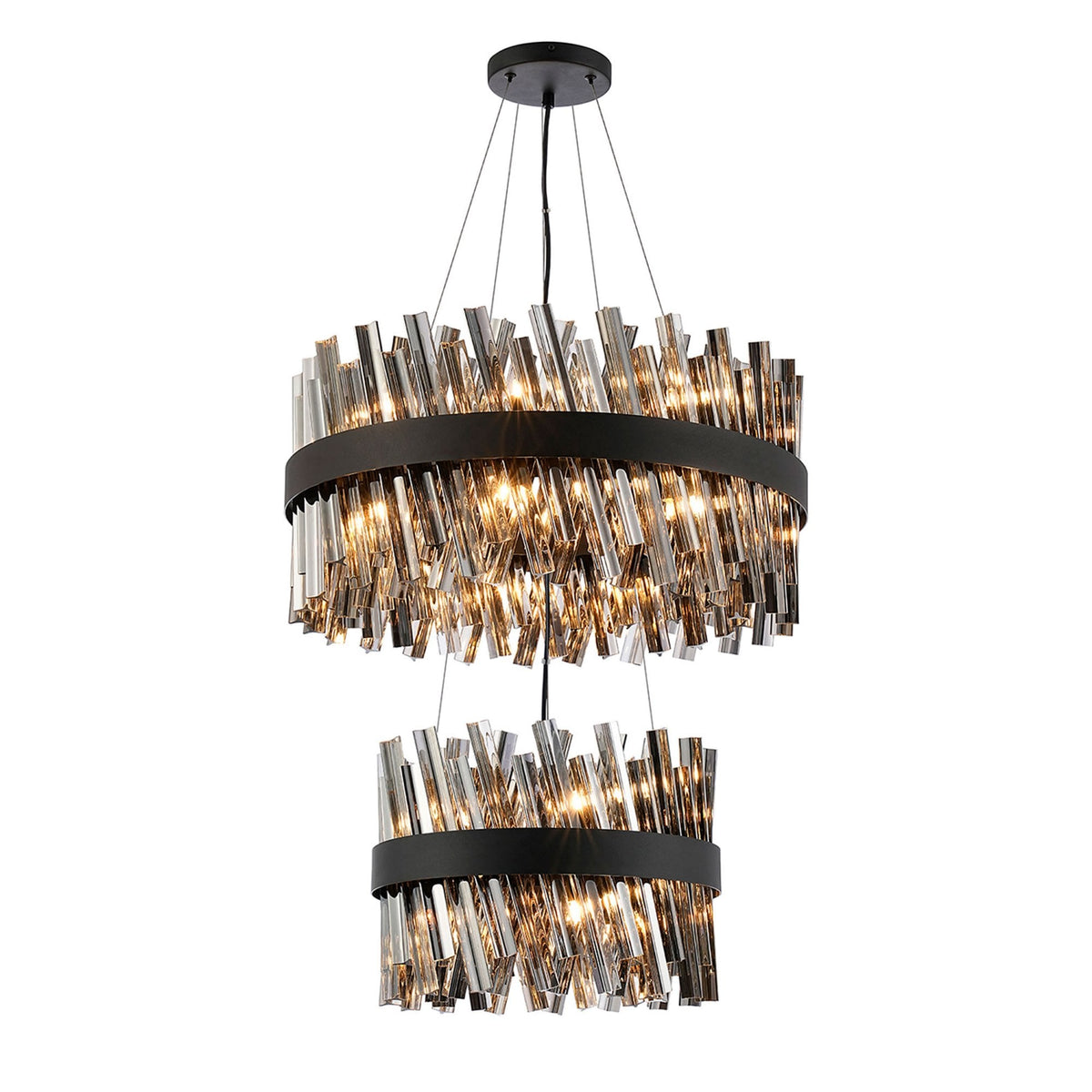 Kelly Two Tier Pendant 40cm & 60cm Tiers in Satin Black & Smoke Glass