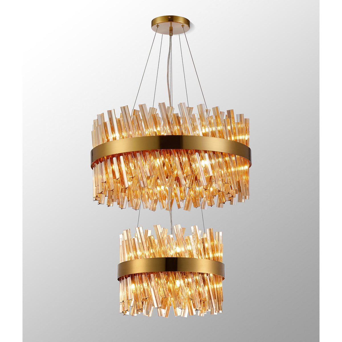 Kelly Two Tier Pendant 40cm & 60cm Tiers in Brass & Amber Glass