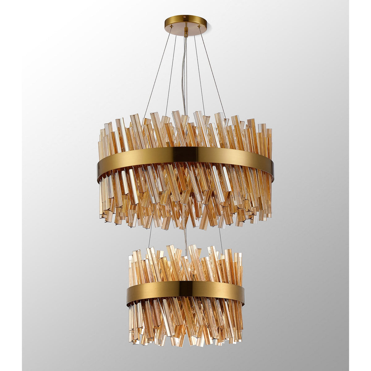 Kelly Two Tier Pendant 40cm & 60cm Tiers in Brass & Amber Glass