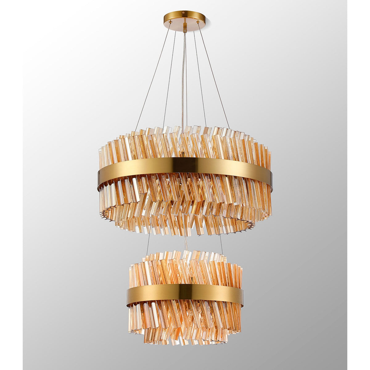 Kelly Two Tier Pendant 40cm & 60cm Tiers in Brass & Amber Glass