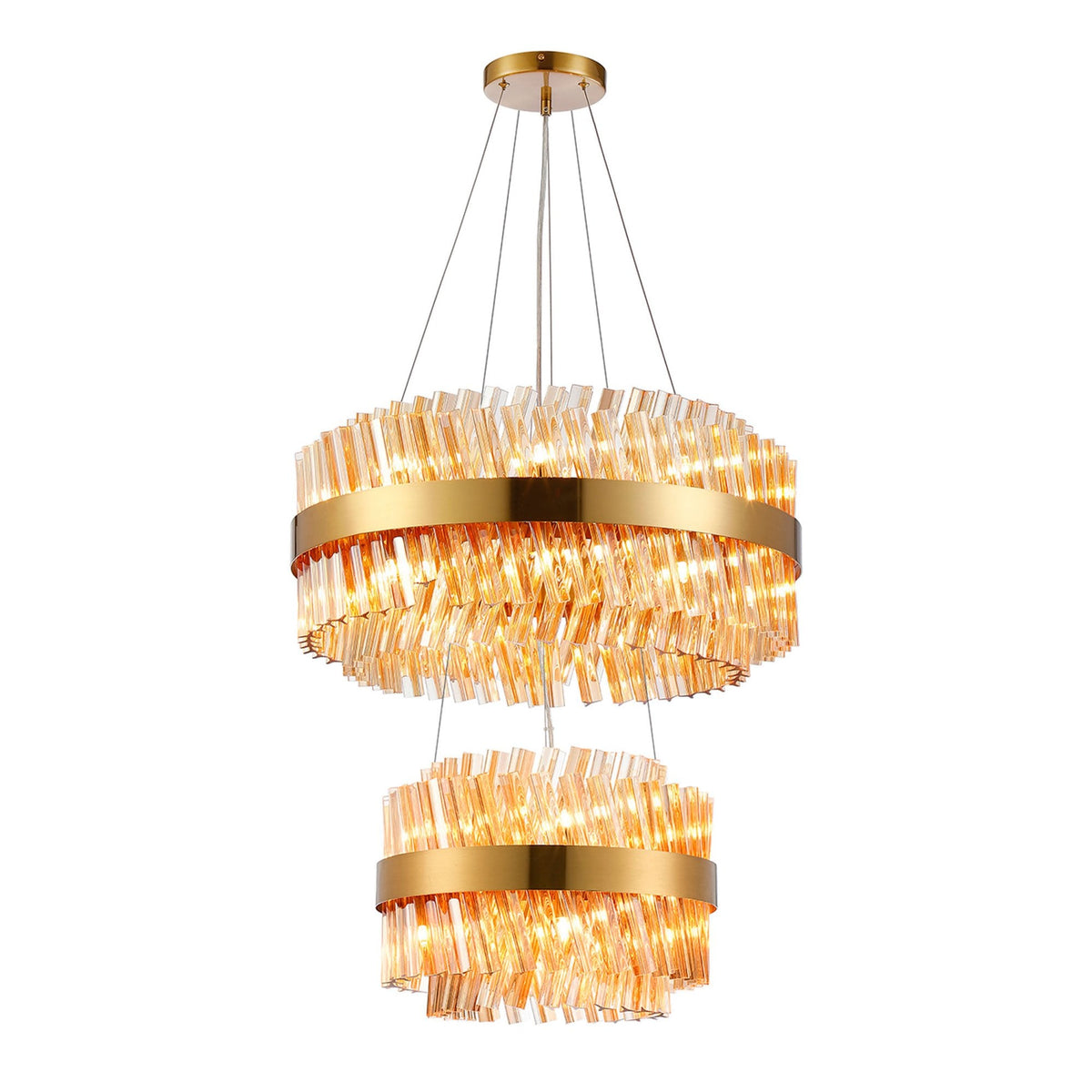 Kelly Two Tier Pendant 40cm & 60cm Tiers in Brass & Amber Glass