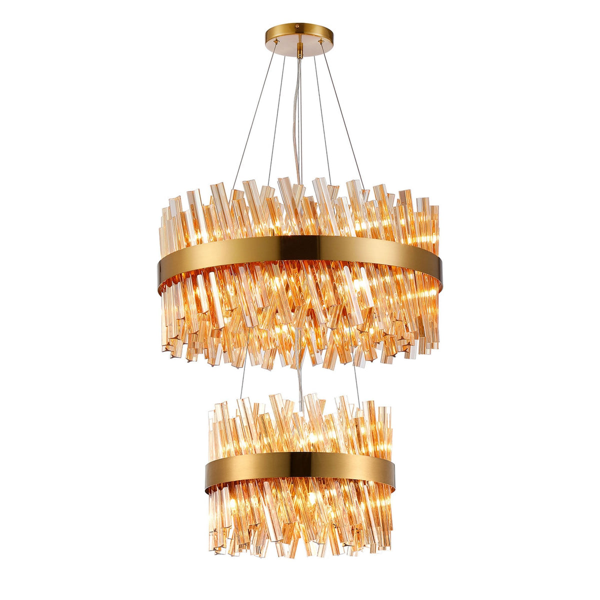 Kelly Two Tier Pendant 40cm & 60cm Tiers in Brass & Amber Glass