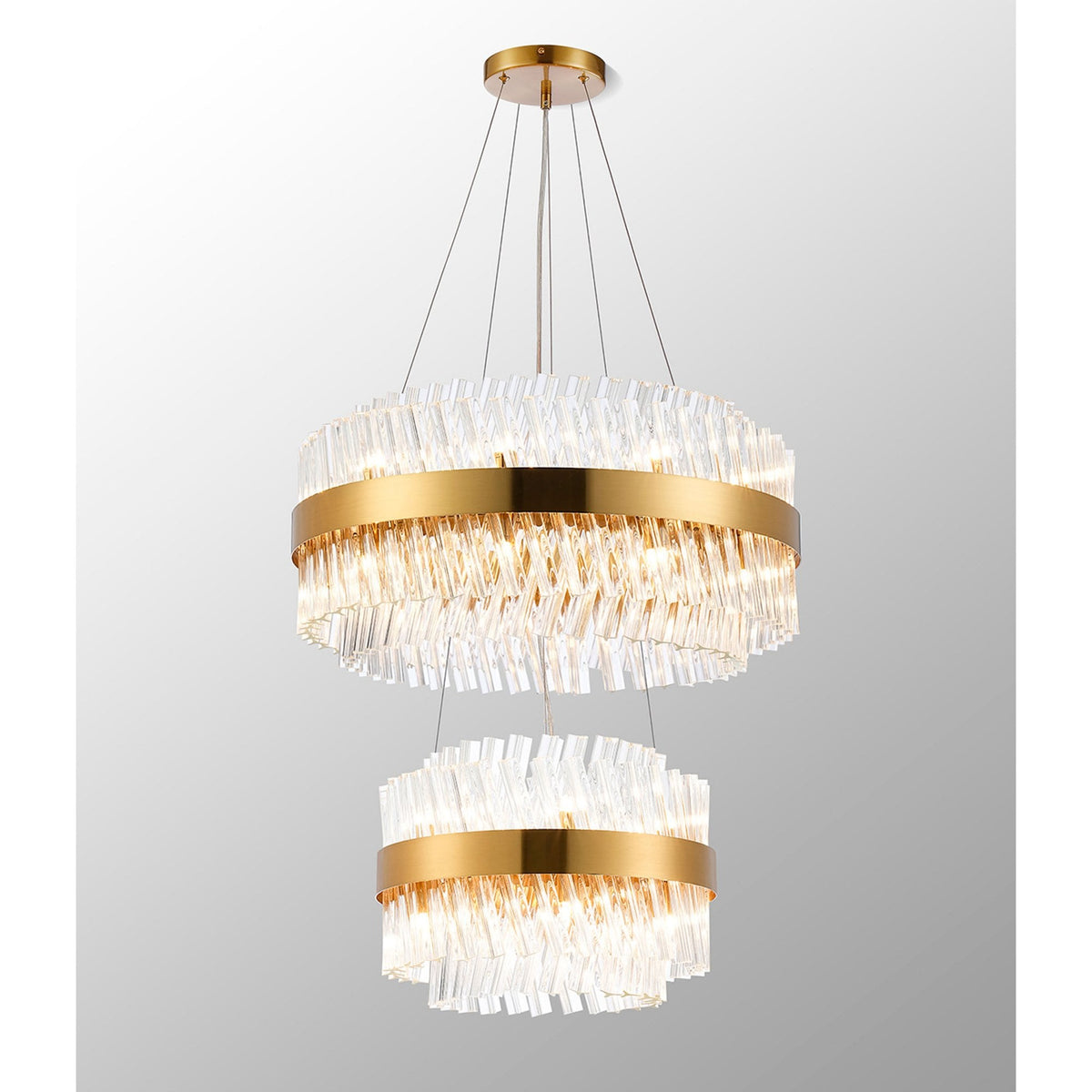 Kelly Two Tier Pendant 40cm & 60cm Tiers in Brass & Clear Glass