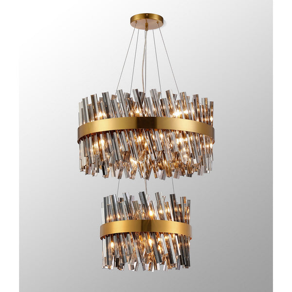Kelly Two Tier Pendant 40cm & 60cm Tiers in Brass & Smoke Glass