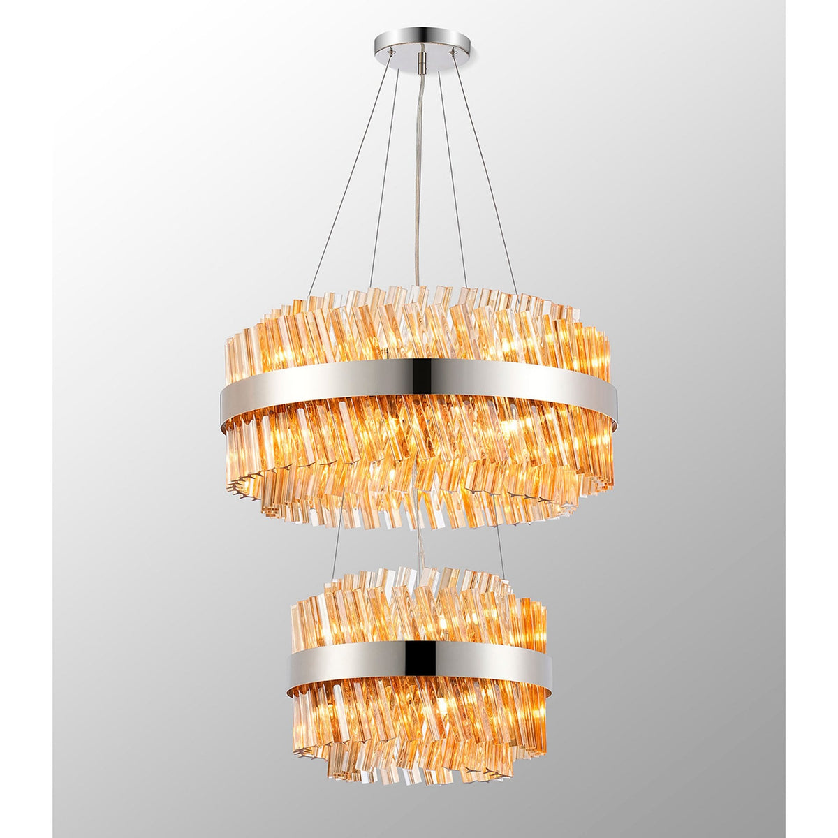 Kelly Two Tier Pendant 40cm & 60cm Tiers in Polished Nickel & Amber Glass