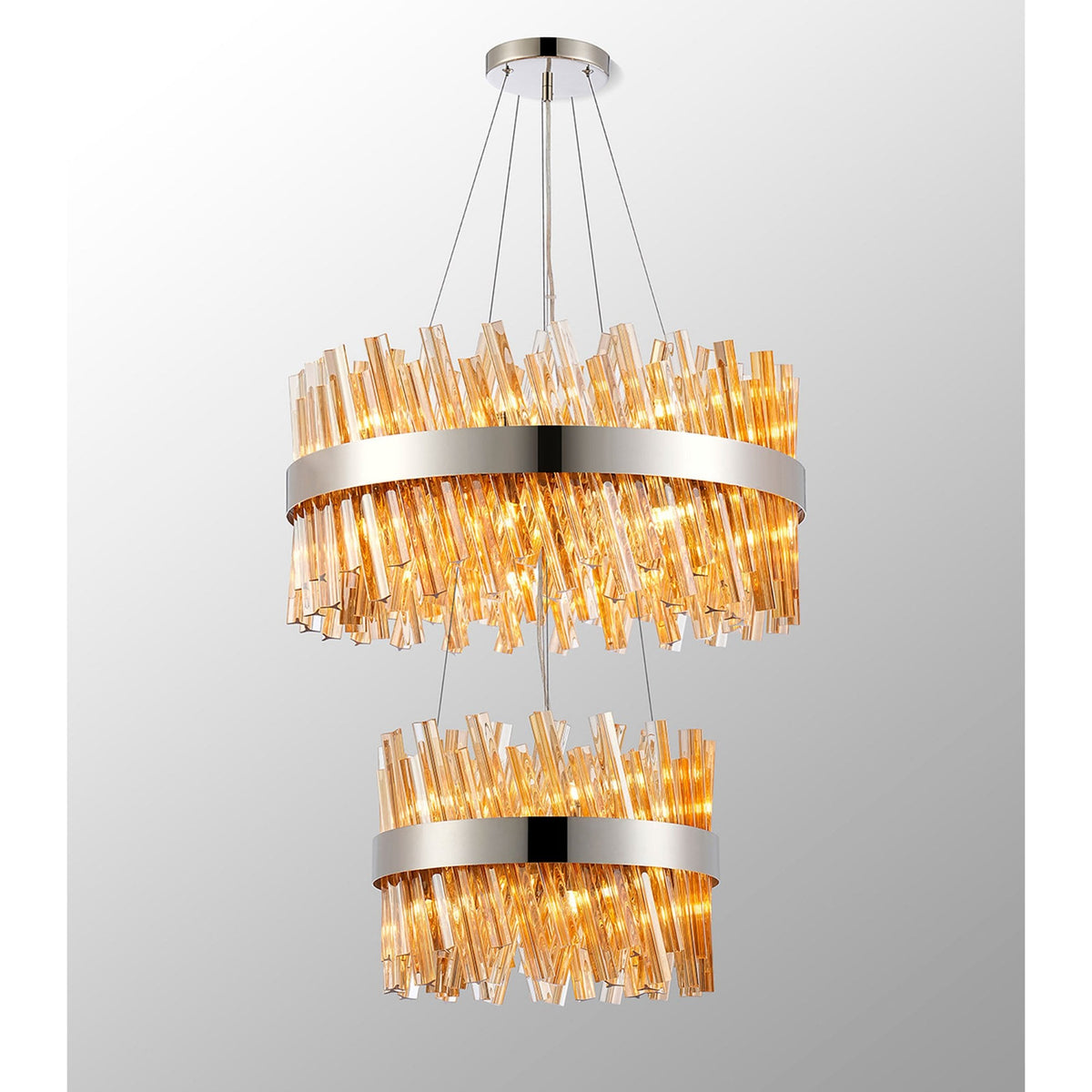 Kelly Two Tier Pendant 40cm & 60cm Tiers in Polished Nickel & Amber Glass