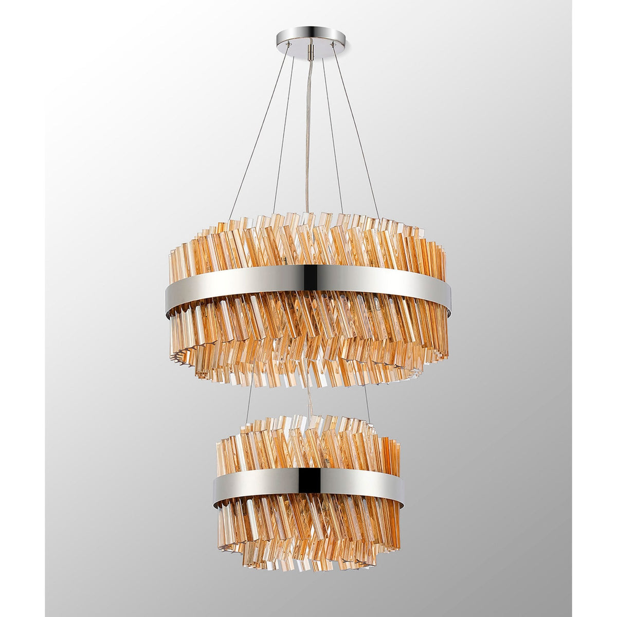 Kelly Two Tier Pendant 40cm & 60cm Tiers in Polished Nickel & Amber Glass