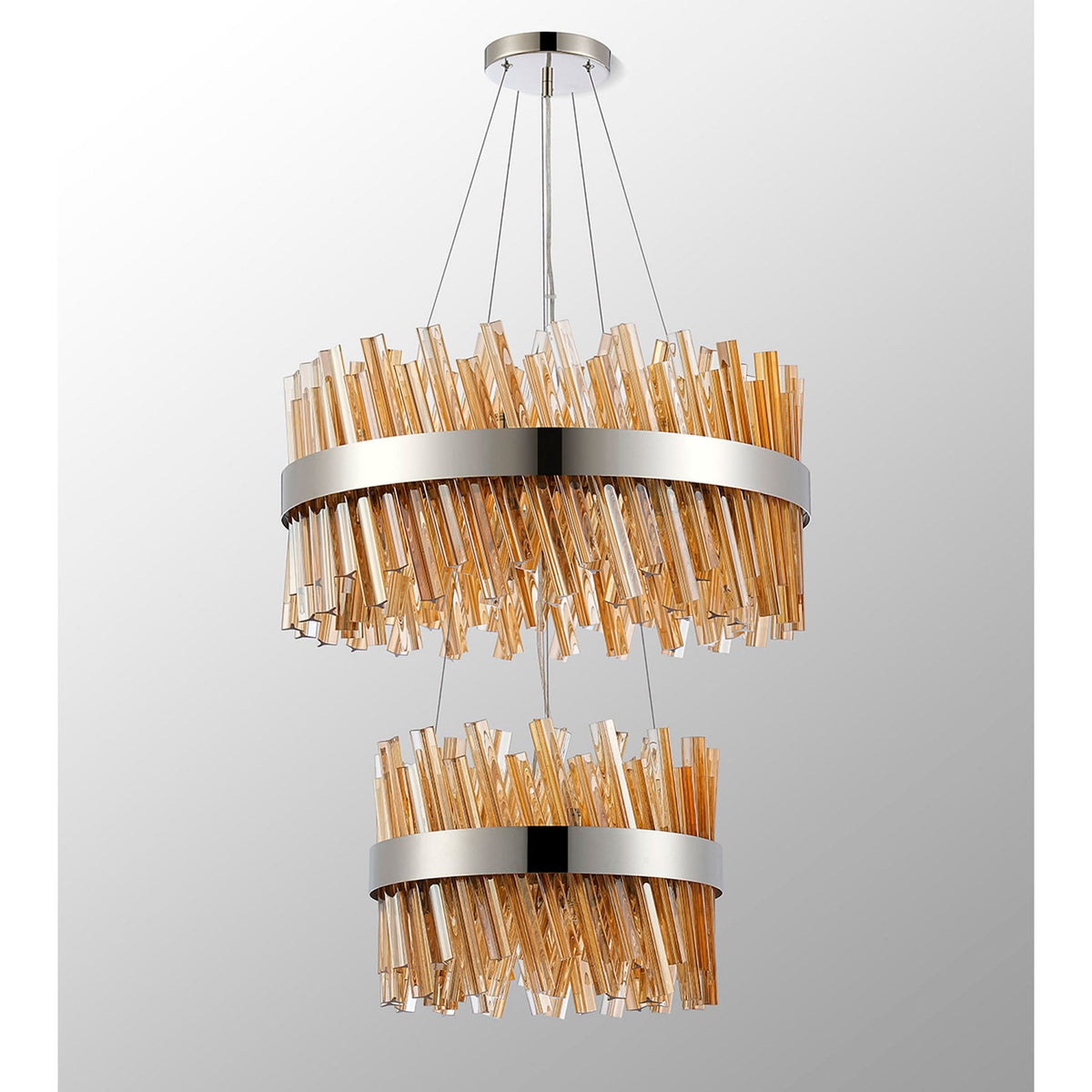 Kelly Two Tier Pendant 40cm & 60cm Tiers in Polished Nickel & Amber Glass