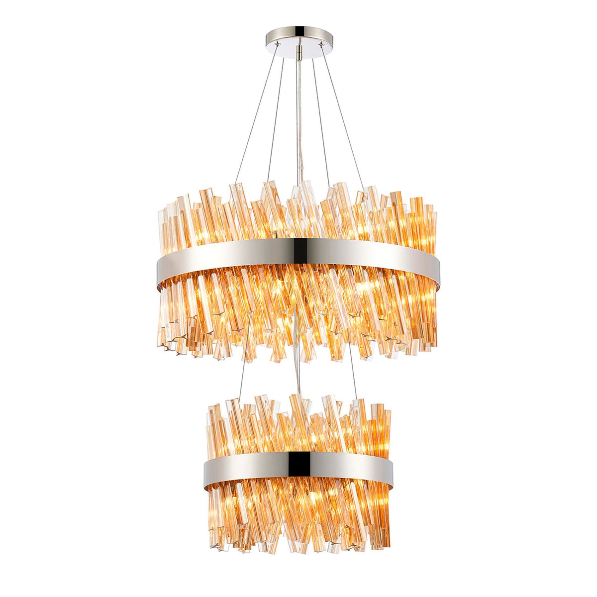 Kelly Two Tier Pendant 40cm & 60cm Tiers in Polished Nickel & Amber Glass