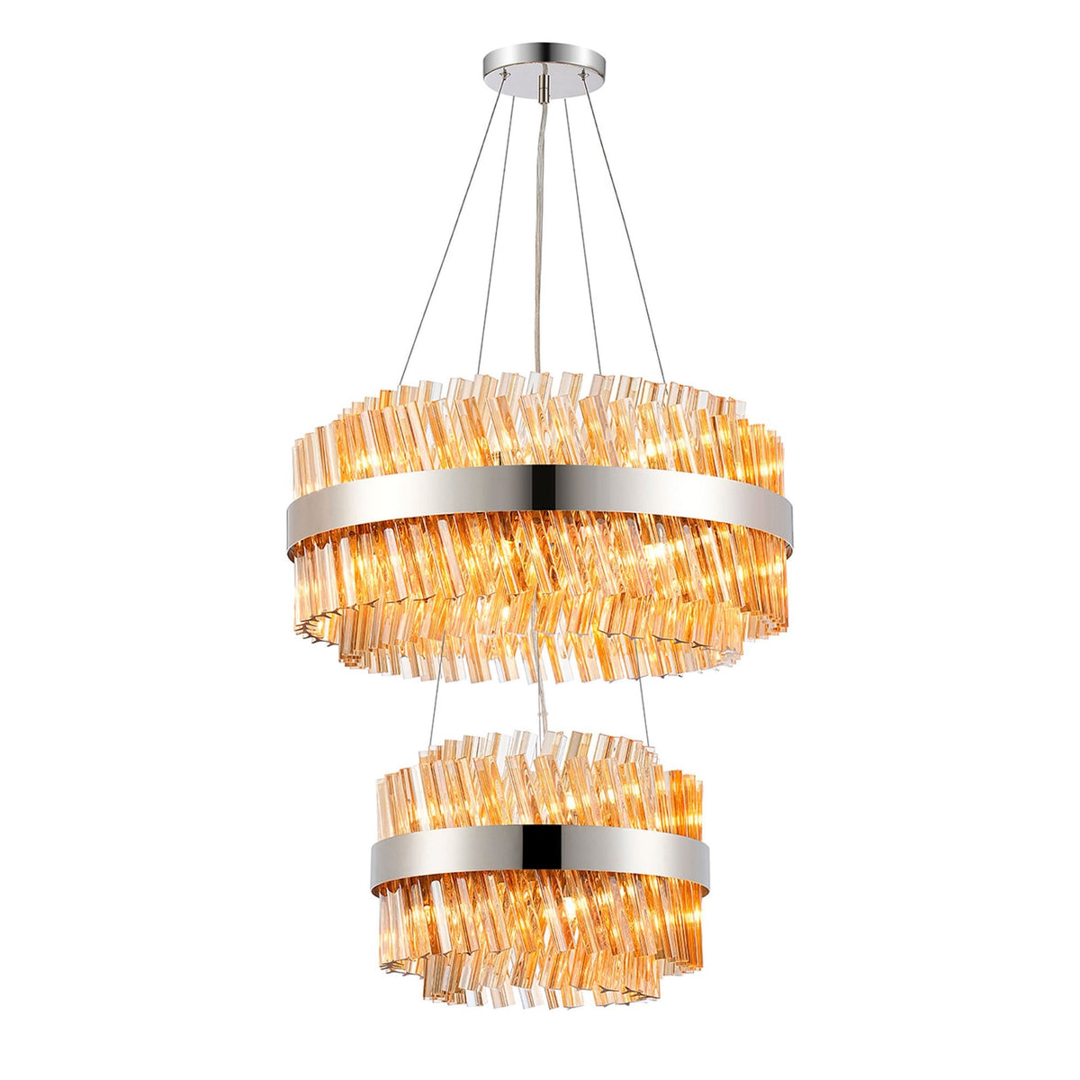 Kelly Two Tier Pendant 40cm & 60cm Tiers in Polished Nickel & Amber Glass