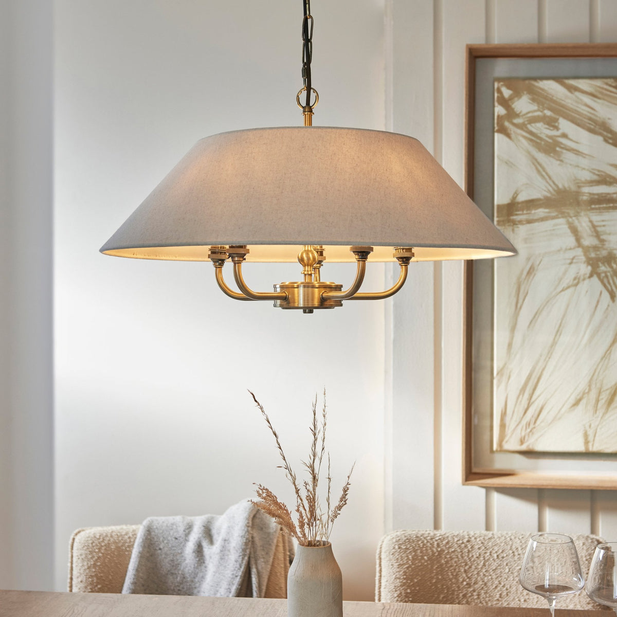 Lille Five Light Pendant in Antique Brass with Tapered Natural Linen Shade