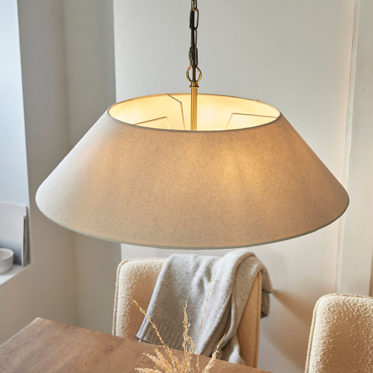 Lille Five Light Pendant in Antique Brass with Tapered Natural Linen Shade