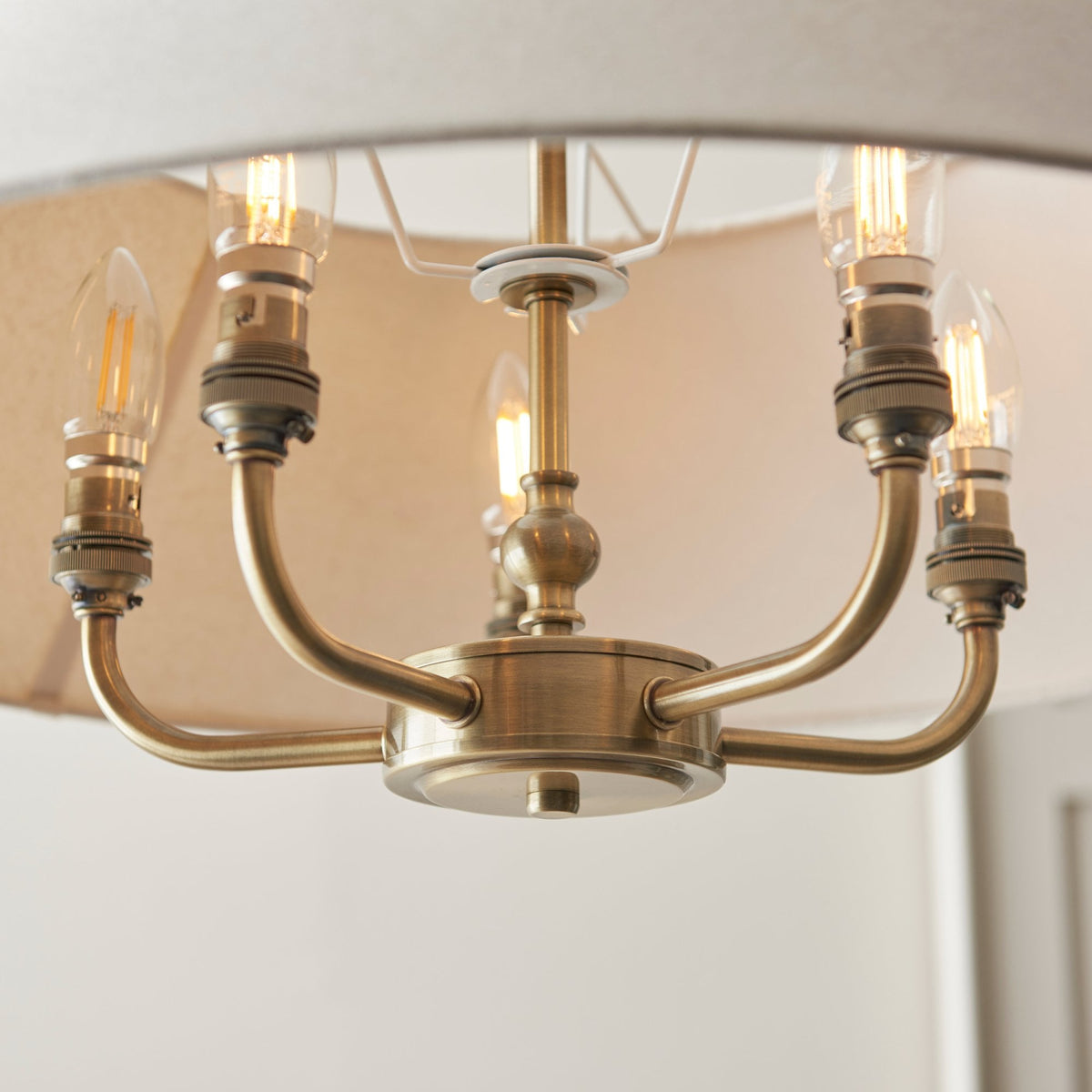 Lille Five Light Pendant in Antique Brass with Tapered Natural Linen Shade