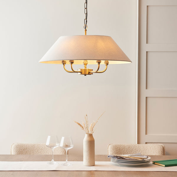 Lille Five Light Pendant in Antique Brass with Tapered Natural Linen Shade