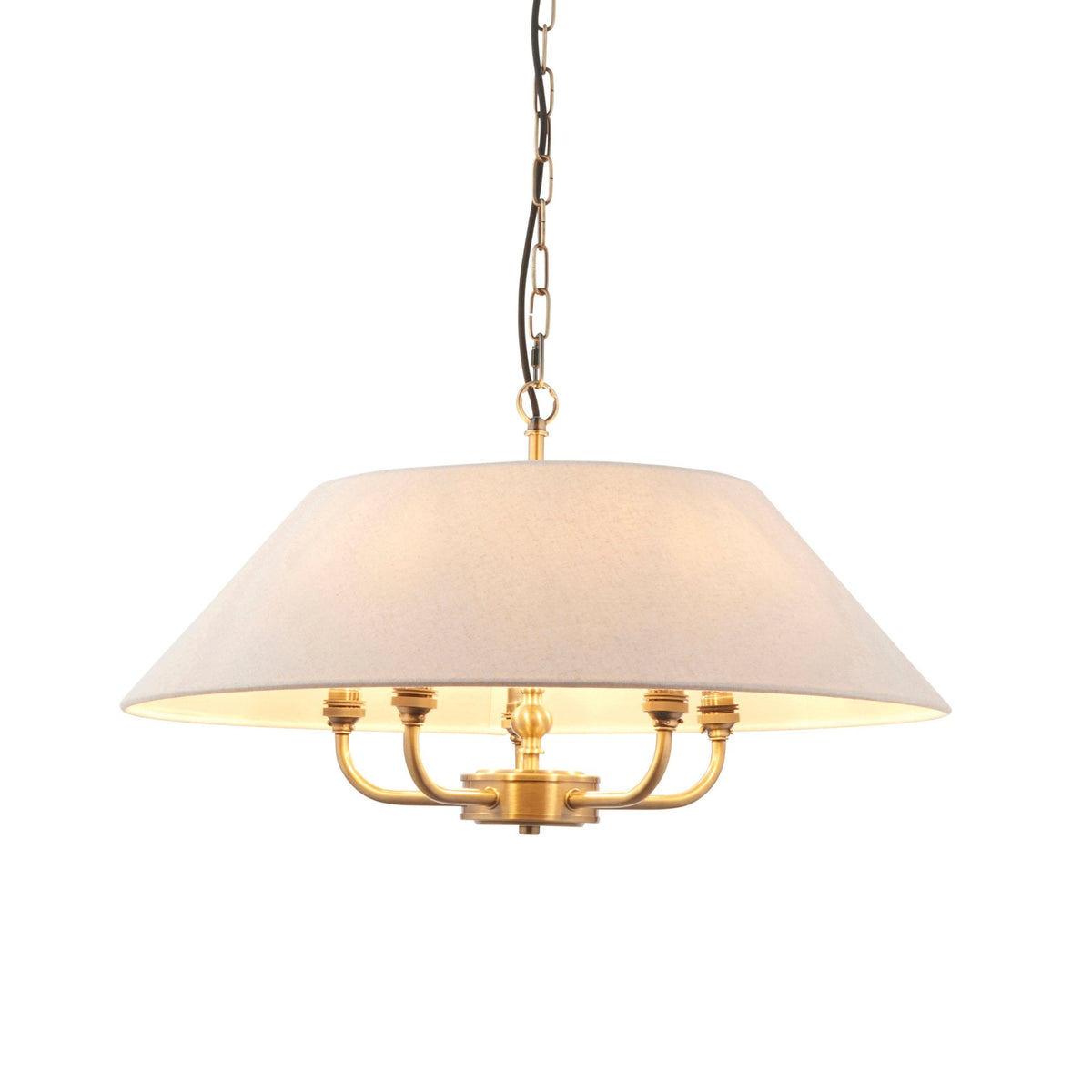 Lille Five Light Pendant in Antique Brass with Tapered Natural Linen Shade