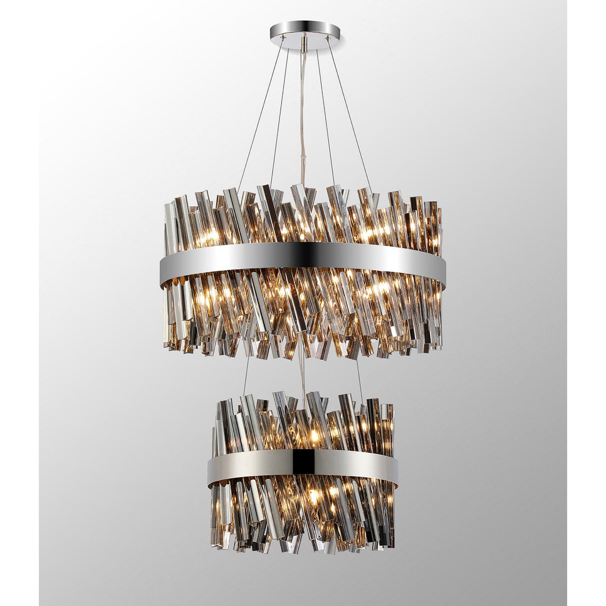Kelly Two Tier Pendant 40cm & 60cm Tiers in Polished Nickel & Smoke Glass