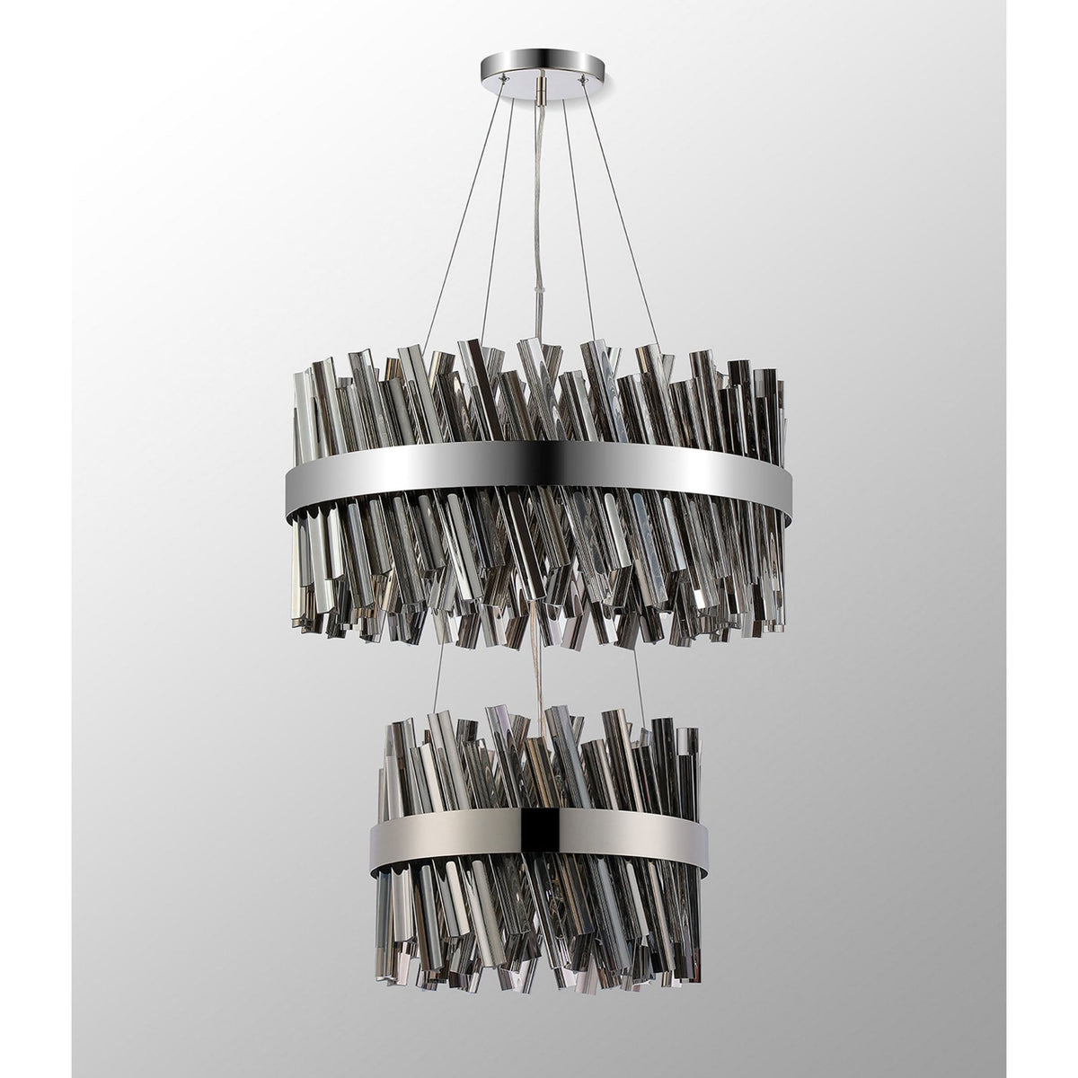Kelly Two Tier Pendant 40cm & 60cm Tiers in Polished Nickel & Smoke Glass
