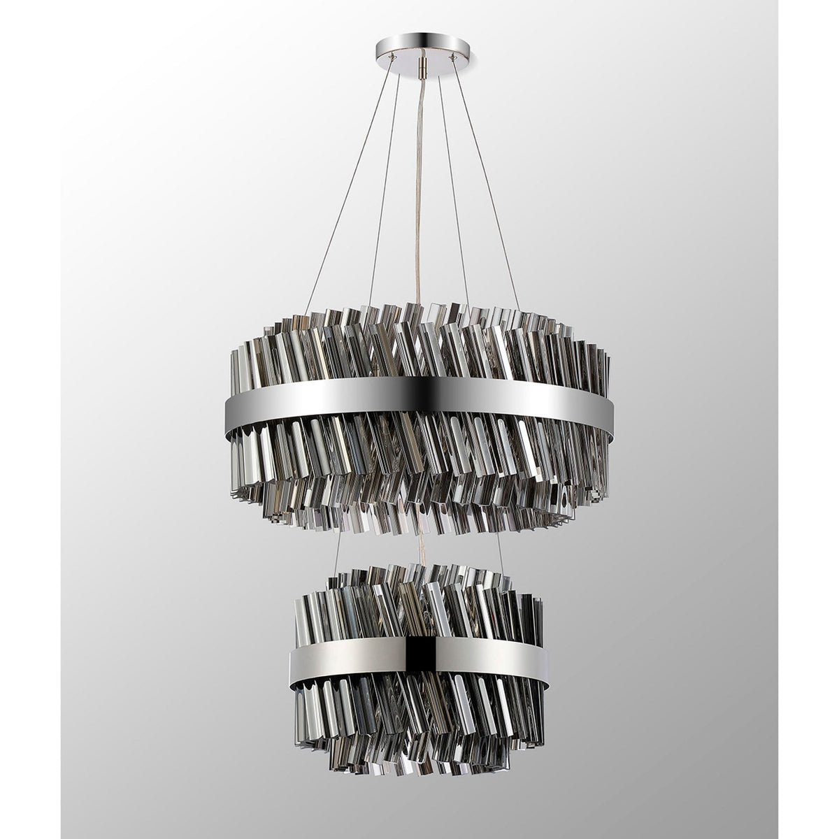 Kelly Two Tier Pendant 40cm & 60cm Tiers in Polished Nickel & Smoke Glass