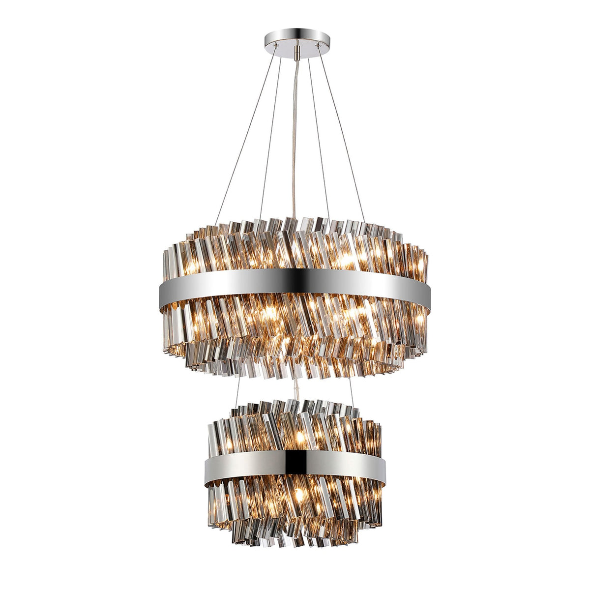 Kelly Two Tier Pendant 40cm & 60cm Tiers in Polished Nickel & Smoke Glass