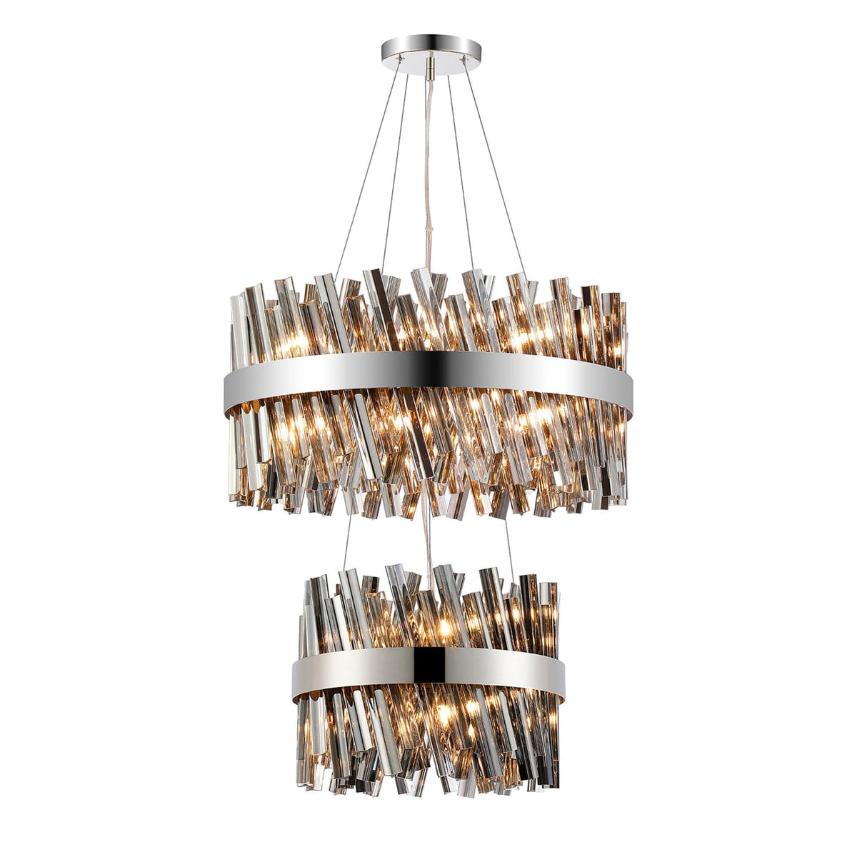 Kelly Two Tier Pendant 40cm & 60cm Tiers in Polished Nickel & Smoke Glass