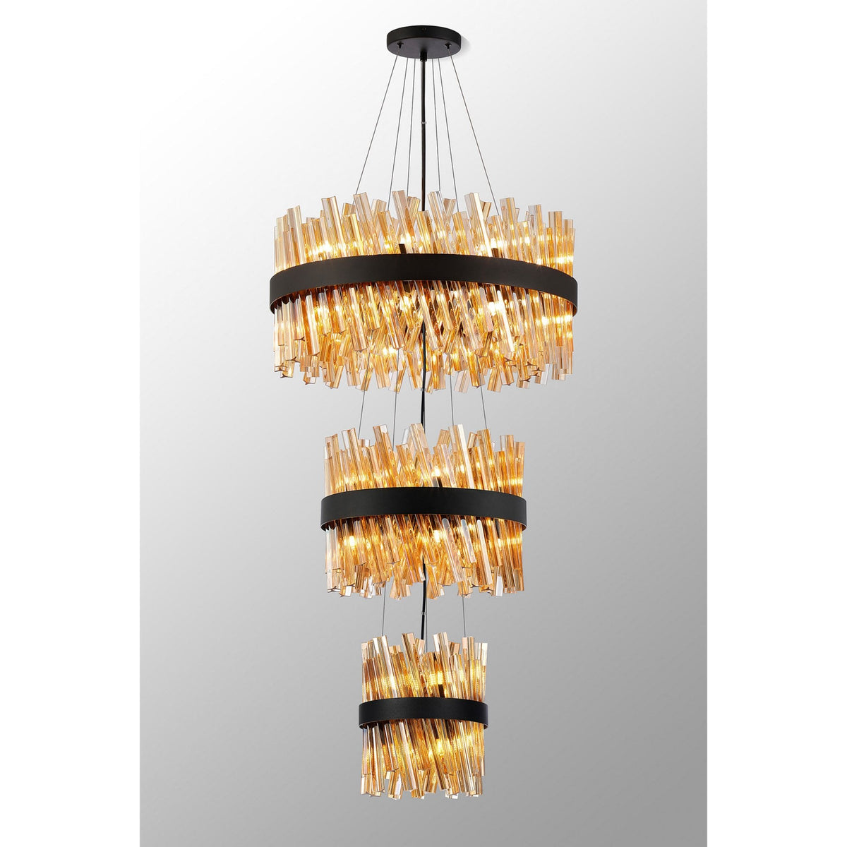 Kelly Three Tier Pendant 25cm, 40cm & 60cm Tiers in Satin Black & Amber Glass