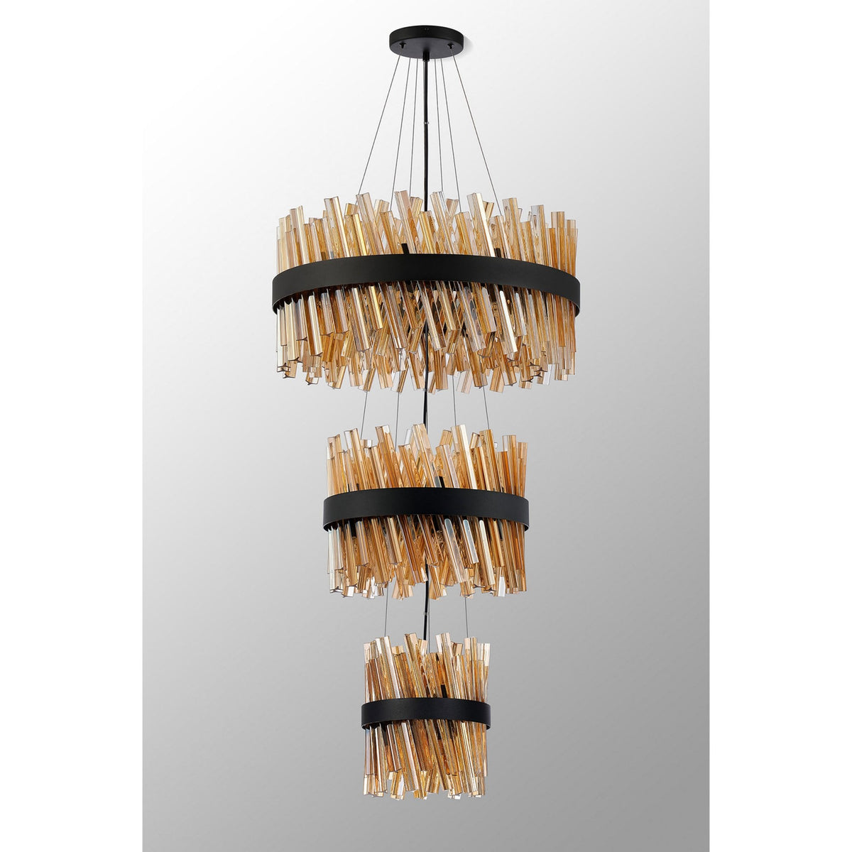 Kelly Three Tier Pendant 25cm, 40cm & 60cm Tiers in Satin Black & Amber Glass