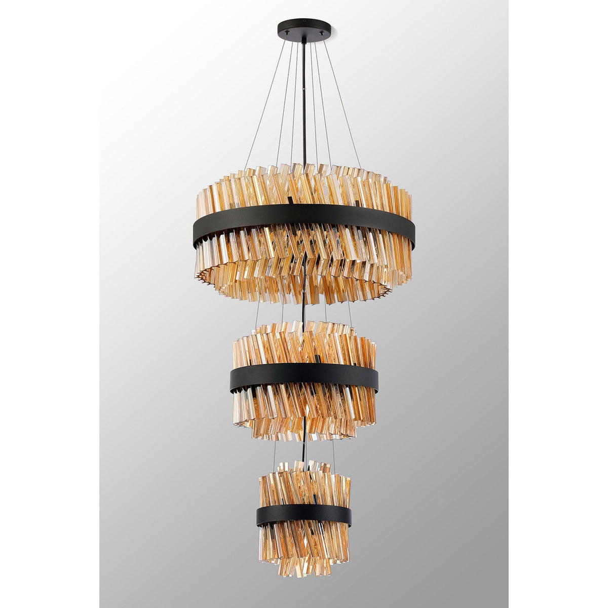 Kelly Three Tier Pendant 25cm, 40cm & 60cm Tiers in Satin Black & Amber Glass