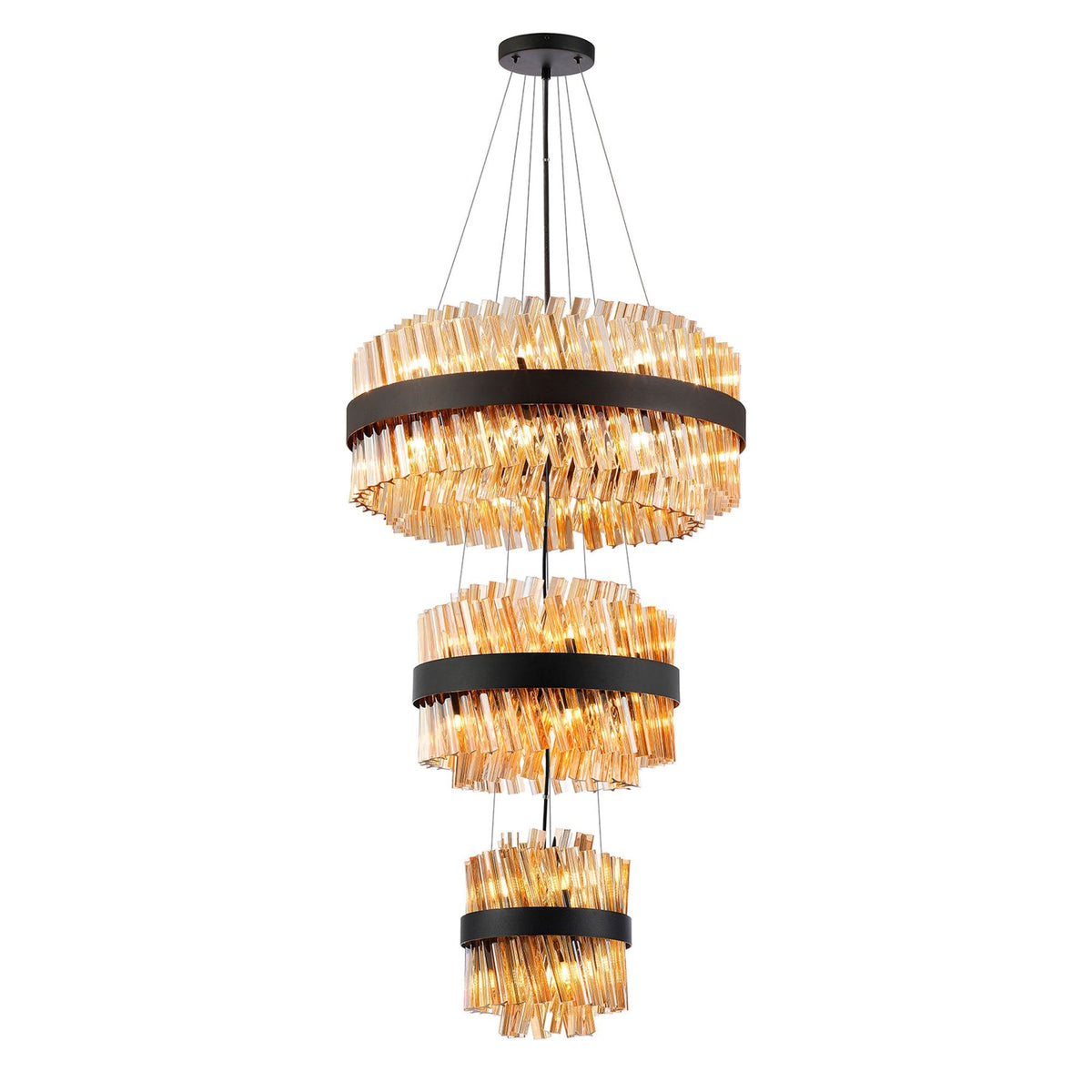 Kelly Three Tier Pendant 25cm, 40cm & 60cm Tiers in Satin Black & Amber Glass