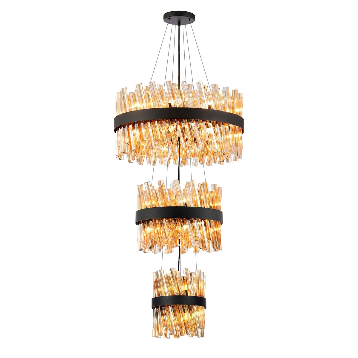 Kelly Three Tier Pendant 25cm, 40cm & 60cm Tiers in Satin Black & Amber Glass
