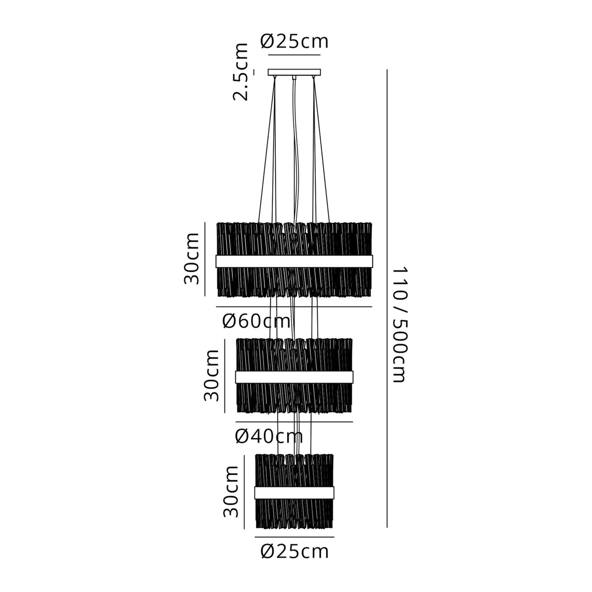 Kelly Three Tier Pendant 25cm, 40cm & 60cm Tiers in Polished Nickel & Amber Glass