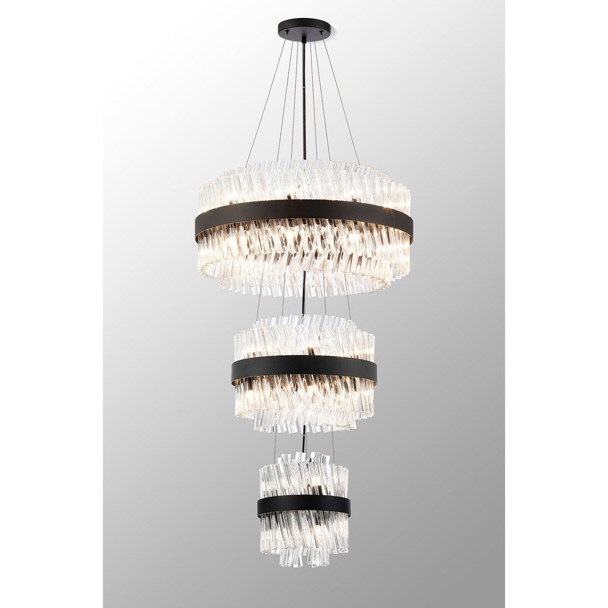 Kelly Three Tier Pendant 25cm, 40cm & 60cm Tiers in Satin Black & Clear Glass